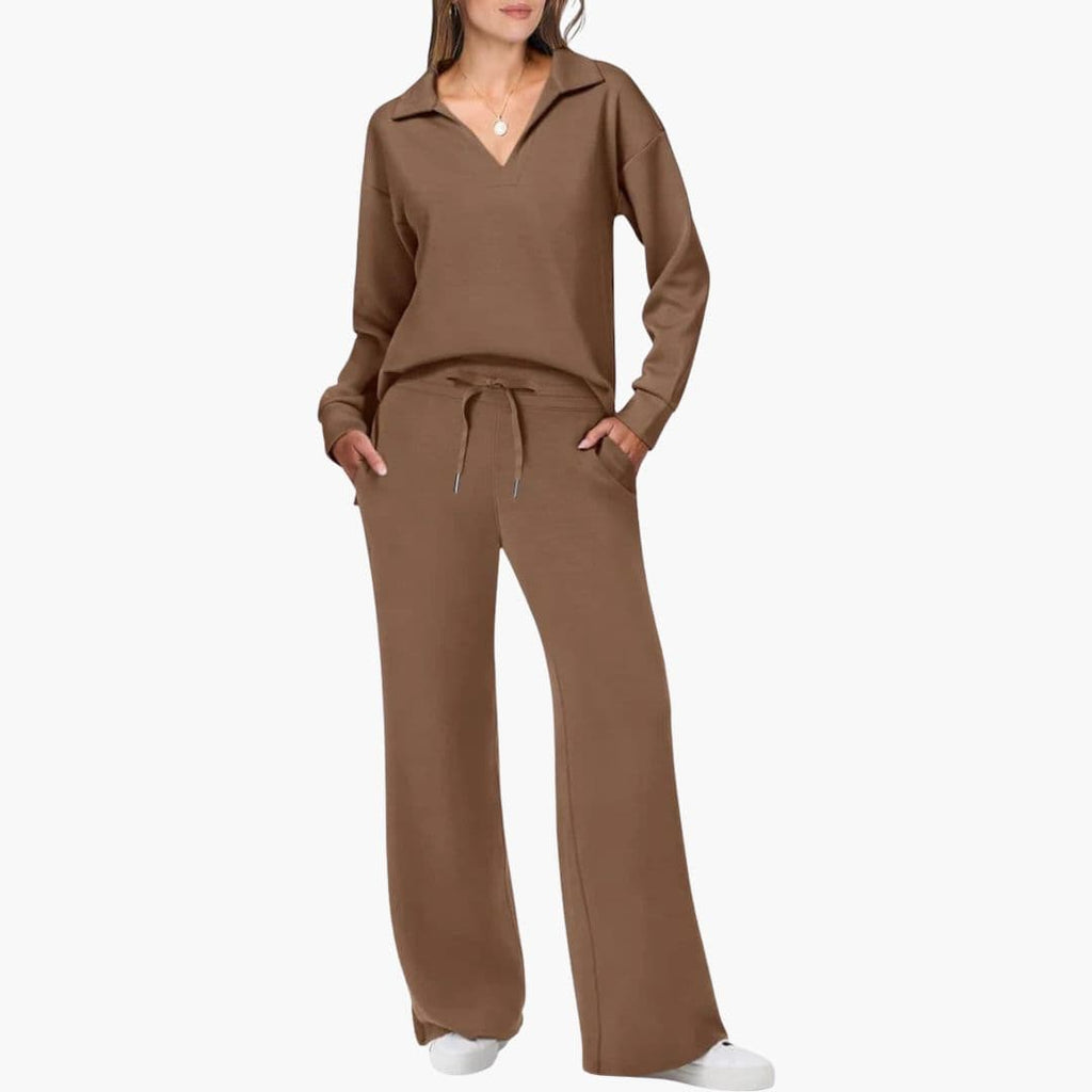 Conjunto de Dos Piezas para Mujer Top de Manga Larga con Escote en V Pantalones Anchos y Sueltos con Bolsillos Casual Comodidad Diaria