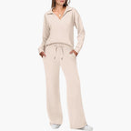 Conjunto de Dos Piezas para Mujer Top de Manga Larga con Escote en V Pantalones Anchos y Sueltos con Bolsillos Casual Comodidad Diaria
