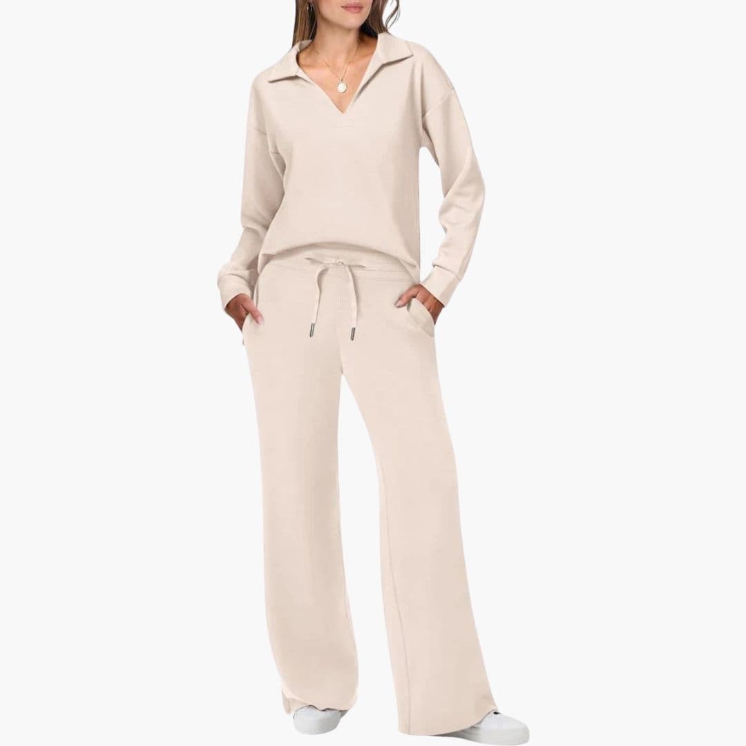 Conjunto de Dos Piezas para Mujer Top de Manga Larga con Escote en V Pantalones Anchos y Sueltos con Bolsillos Casual Comodidad Diaria