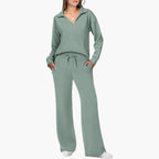 Conjunto de Dos Piezas para Mujer Top de Manga Larga con Escote en V Pantalones Anchos y Sueltos con Bolsillos Casual Comodidad Diaria