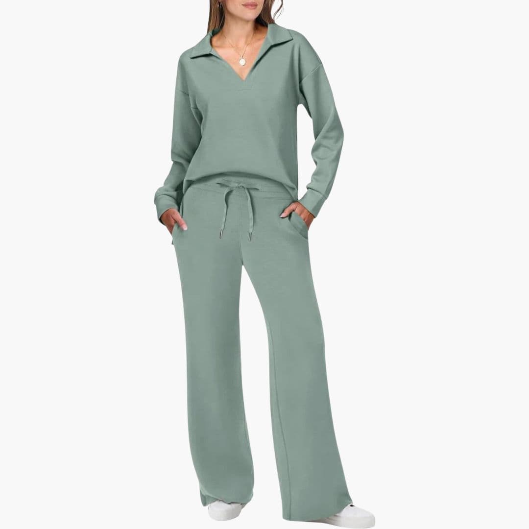 Conjunto de Dos Piezas para Mujer Top de Manga Larga con Escote en V Pantalones Anchos y Sueltos con Bolsillos Casual Comodidad Diaria