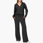 Conjunto de Dos Piezas para Mujer Top de Manga Larga con Escote en V Pantalones Anchos y Sueltos con Bolsillos Casual Comodidad Diaria