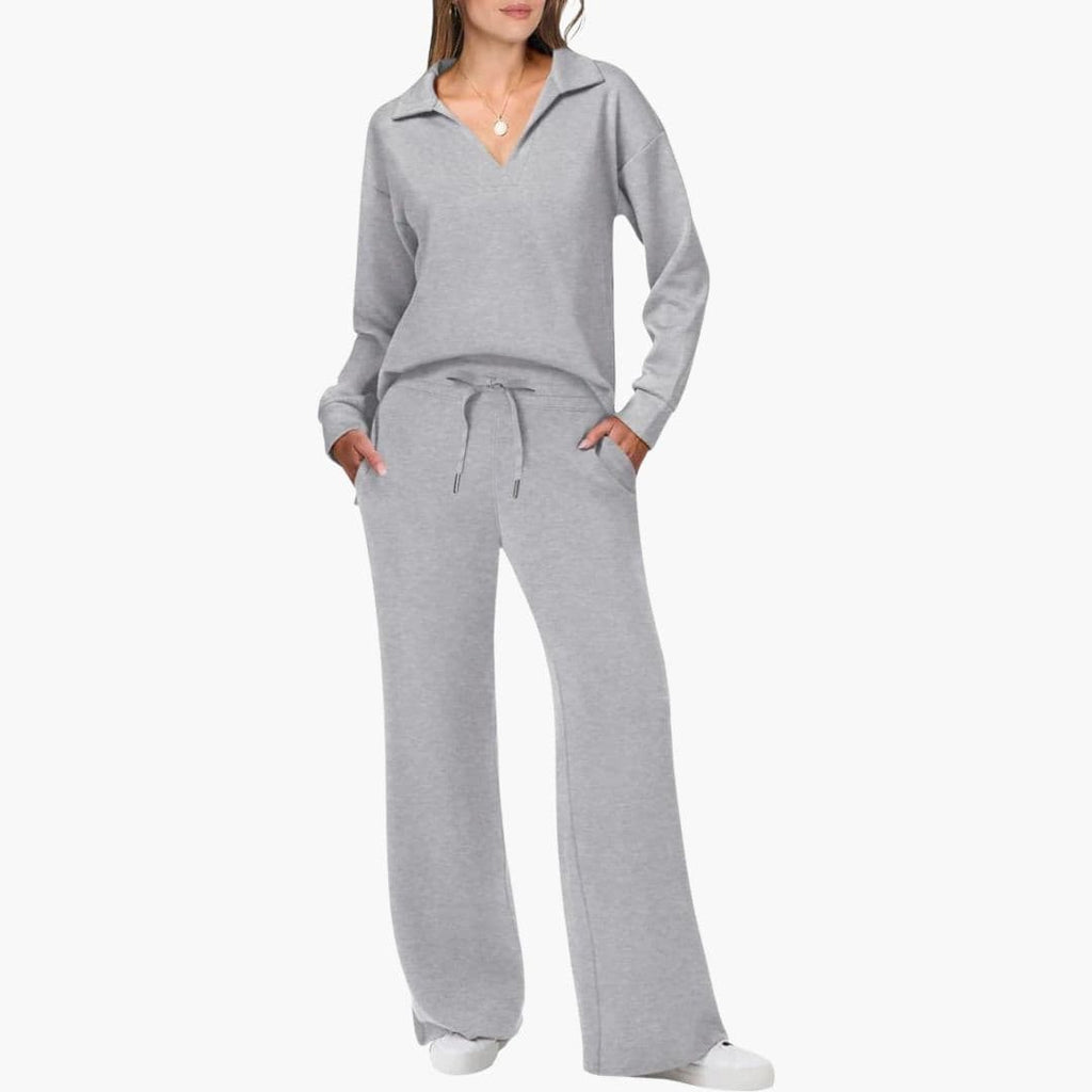 Conjunto de Dos Piezas para Mujer Top de Manga Larga con Escote en V Pantalones Anchos y Sueltos con Bolsillos Casual Comodidad Diaria