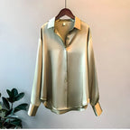 Camisa Elegante de Satén de Seda para Mujeres con Cuello en V y Mangas Largas - Teresa