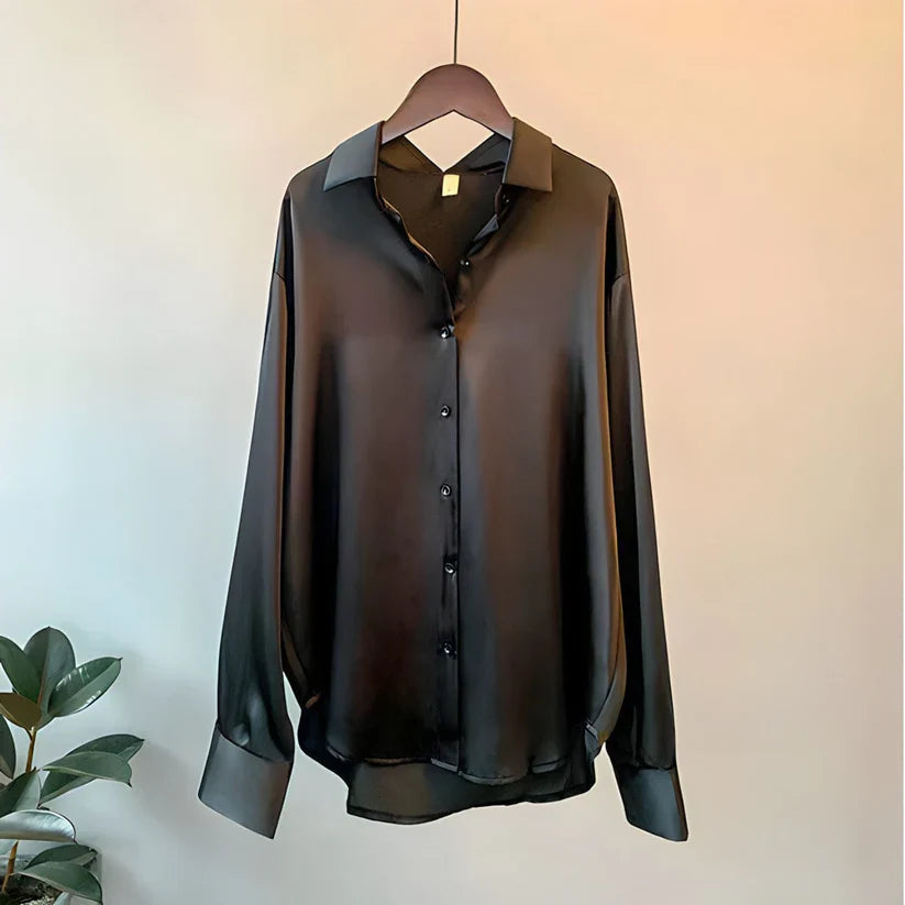 Camisa Elegante de Satén de Seda para Mujeres con Cuello en V y Mangas Largas - Teresa