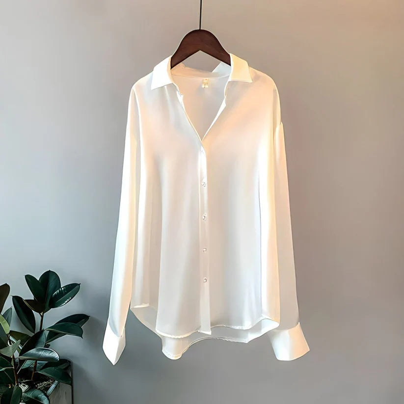 Camisa Elegante de Satén de Seda para Mujeres con Cuello en V y Mangas Largas - Teresa
