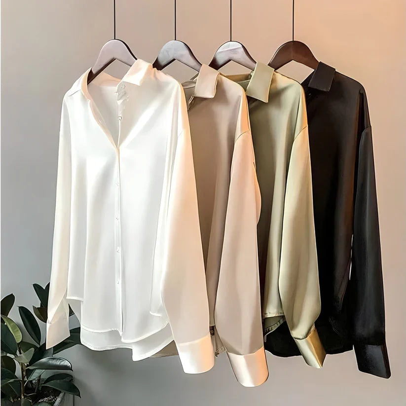 Camisa Elegante de Satén de Seda para Mujeres con Cuello en V y Mangas Largas - Teresa