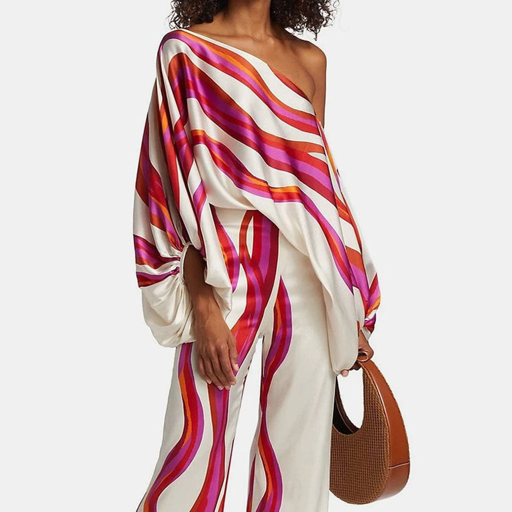 Conjunto de Verano de Dos Piezas para Mujeres, Top Fluido Impreso y Pantalones de Pierna Ancha, Atuendo Elegante y Casual para Vacaciones