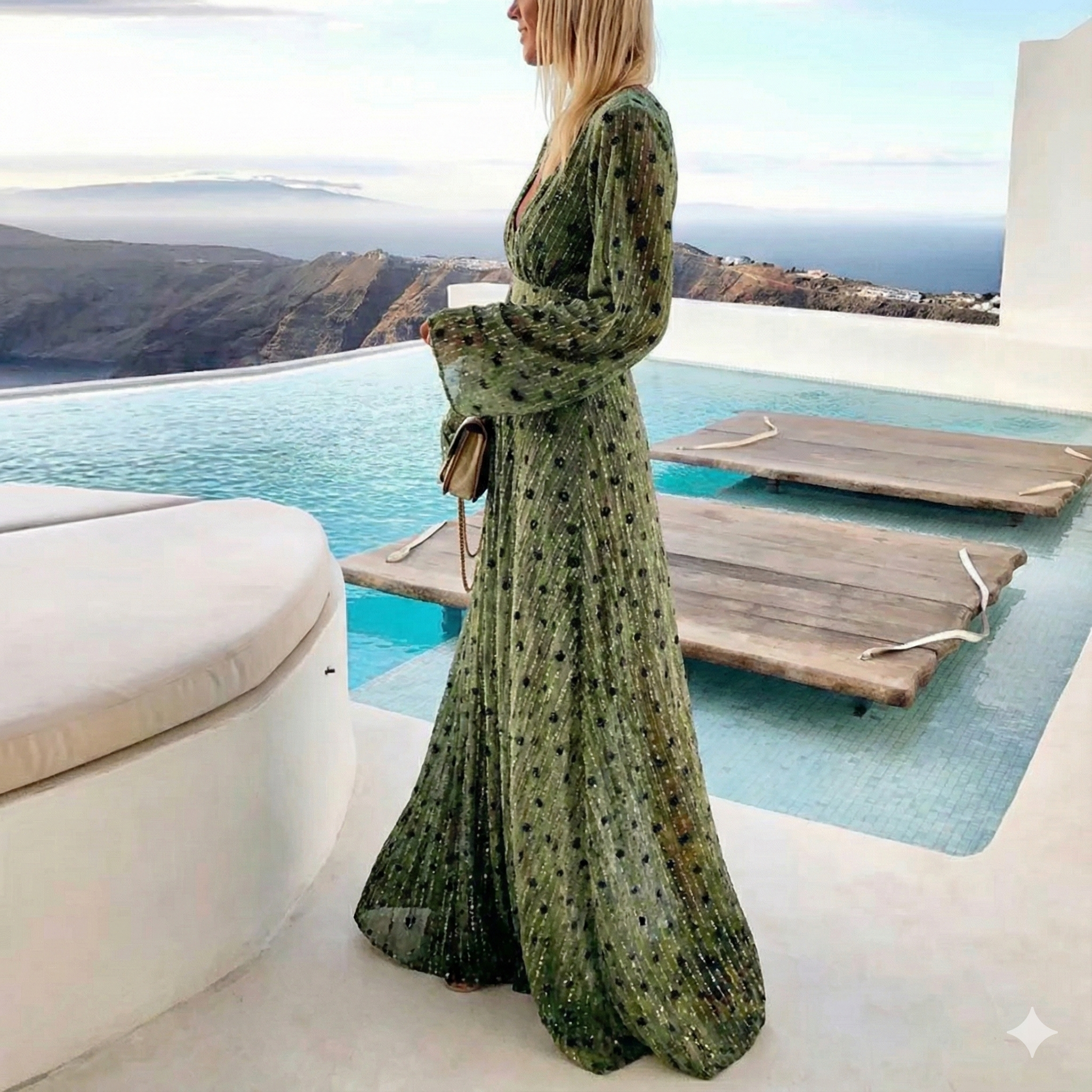 Vestido Largo Formal de Playa de Verano Bohemio con Manga Larga y Escote en V – Verde con Lunares
