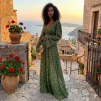 Vestido Largo Formal de Playa de Verano Bohemio con Manga Larga y Escote en V – Verde con Lunares