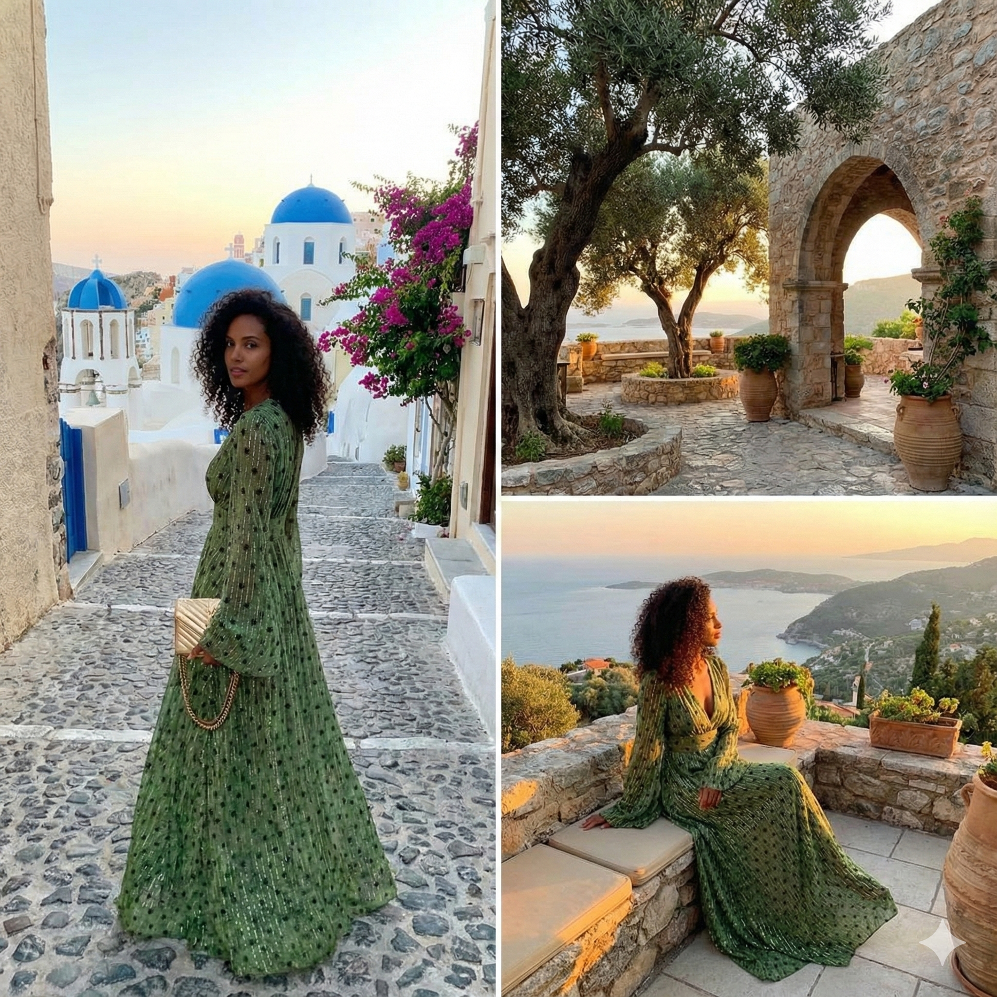 Vestido Largo Formal de Playa de Verano Bohemio con Manga Larga y Escote en V – Verde con Lunares