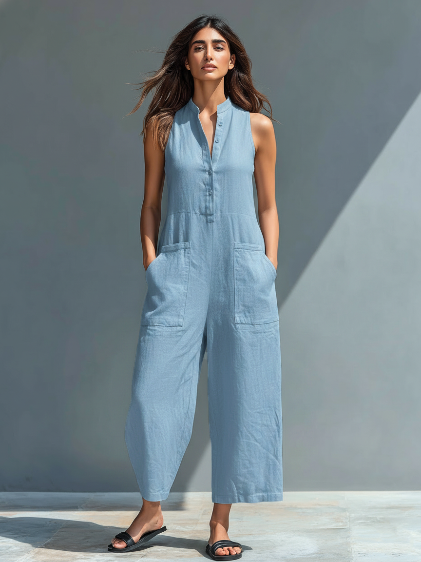 Mono sin mangas de lino minimalista con cuello de pie y botones para mujer
