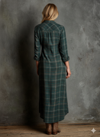 Vestido Largo de Camisa de Cuadros con Solapa para Mujer de Manga Larga - Tartán Verde