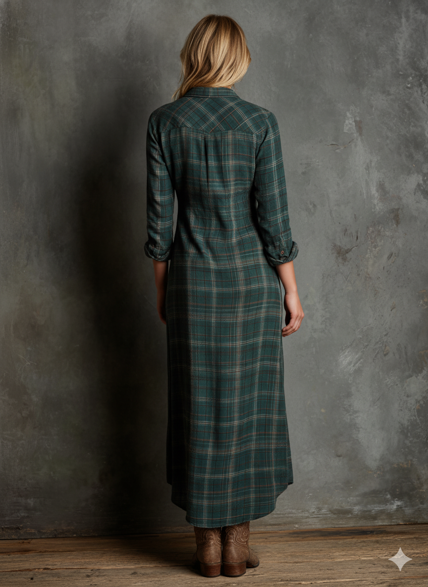 Vestido Largo de Camisa de Cuadros con Solapa para Mujer de Manga Larga - Tartán Verde