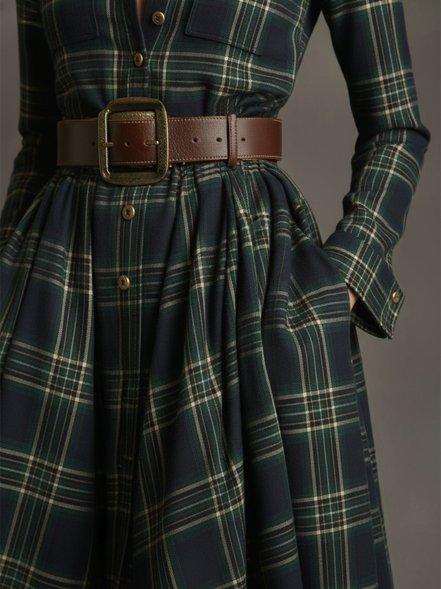 Vestido Largo de Vaquera Étnica Retro para Mujer con Cuello, Cinturón y Mangas Largas – Marrón Rojizo