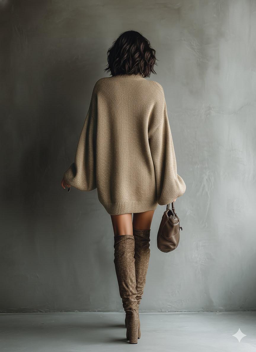 Vestido Mini de Punto Vintage para Mujeres con Manga Larga, Corte Suelto, Acogedor, Casual, Retro – Marrón Caramelo