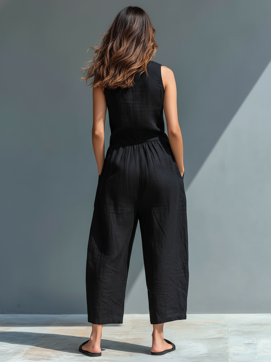 Mono sin mangas de lino minimalista con cuello de pie y botones para mujer