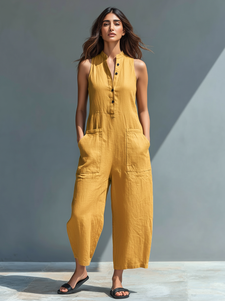 Mono sin mangas de lino minimalista con cuello de pie y botones para mujer