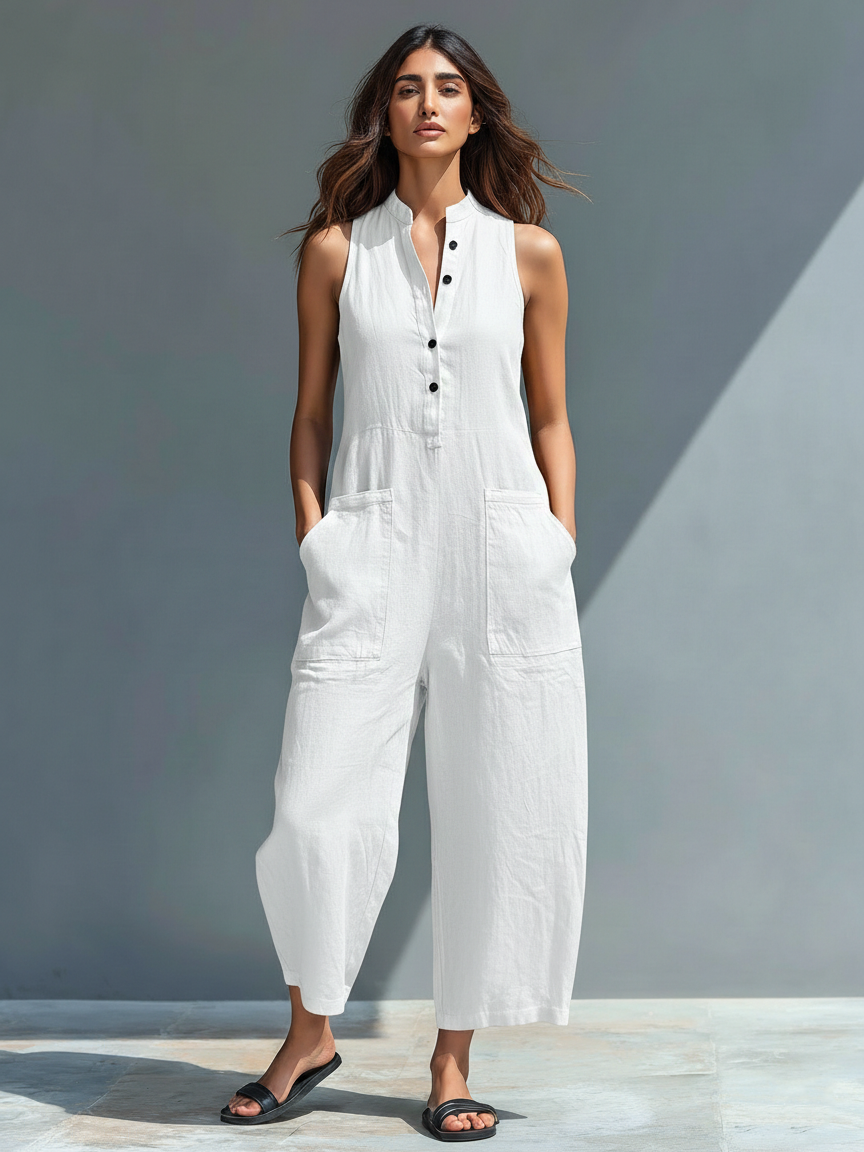 Mono sin mangas de lino minimalista con cuello de pie y botones para mujer