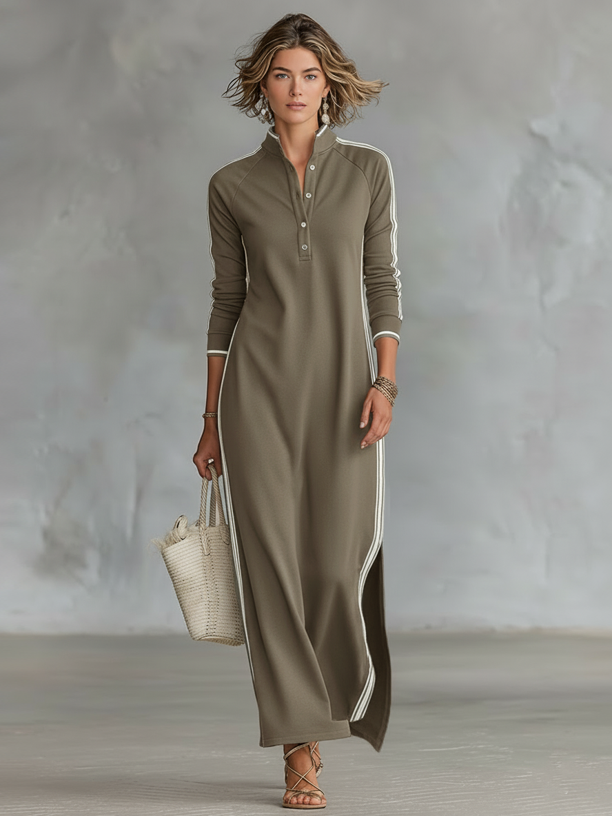 Vestido Largo Casual Minimalista de Verano para Mujer con Cuello Abotonado y Detalles en Blanco – Negro
