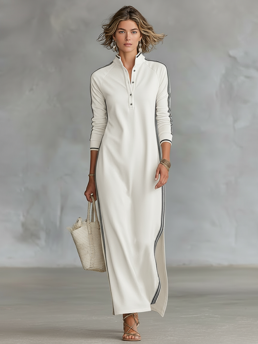 Vestido Largo Casual Minimalista de Verano para Mujer con Cuello Abotonado y Detalles en Blanco – Negro