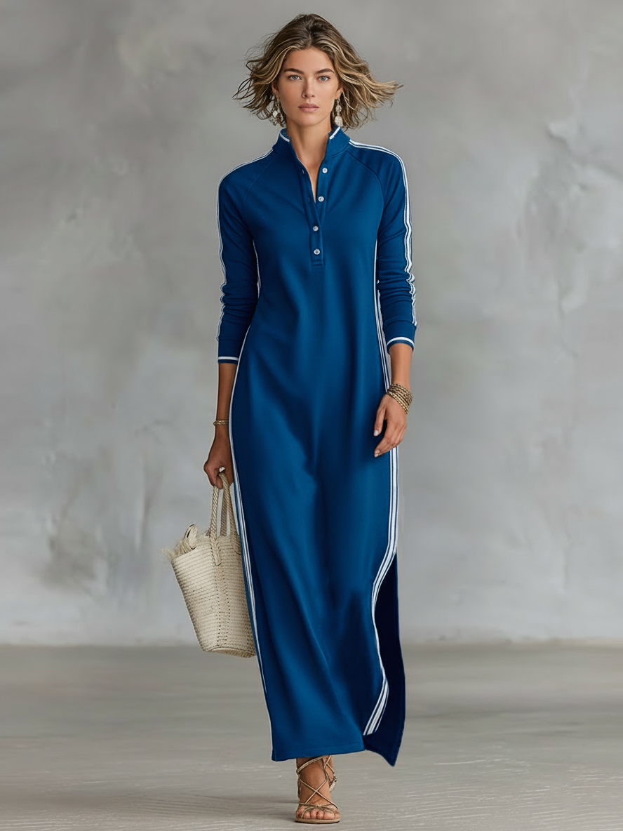 Vestido Largo Casual Minimalista de Verano para Mujer con Cuello Abotonado y Detalles en Blanco – Negro