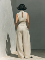 Conjunto de Dos Piezas de Lino y Algodón Minimalista para Mujer, Blusa Sin Mangas y Pantalones de Pierna Ancha, Casual Chic – Beige