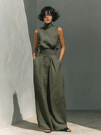 Conjunto de Dos Piezas de Lino y Algodón Minimalista para Mujer, Blusa Sin Mangas y Pantalones de Pierna Ancha, Casual Chic – Beige