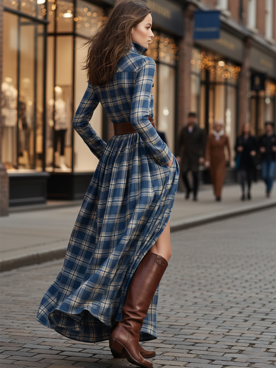 Vestido Largo de Vaquera Étnica Retro para Mujer con Cuello, Cinturón y Mangas Largas – Marrón Rojizo