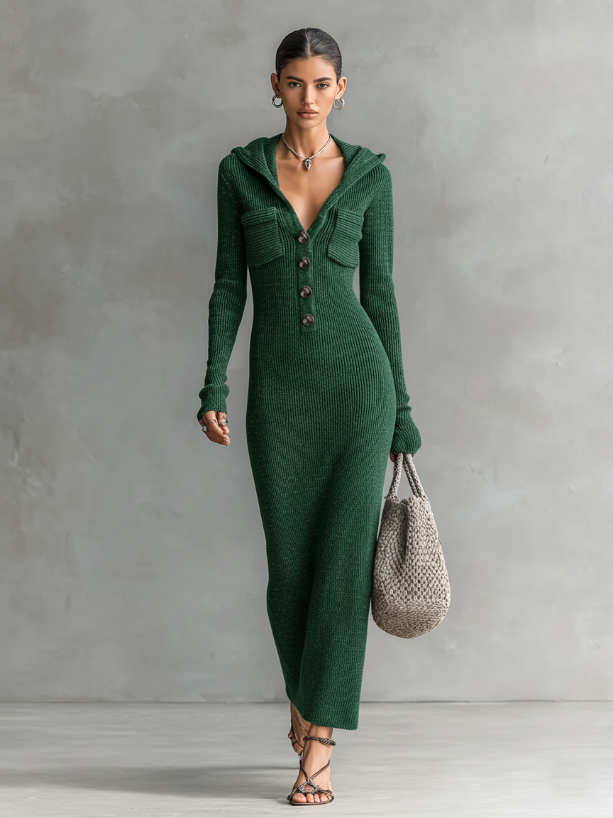 Vestido Largo Casual de Punto con Capucha Ajustado para Mujeres de Manga Larga Acogedor Chic para el Día a Día – Marino