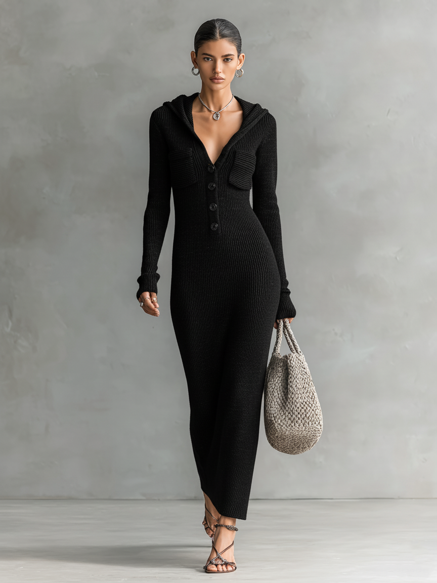 Vestido Largo Casual de Punto con Capucha Ajustado para Mujeres de Manga Larga Acogedor Chic para el Día a Día – Marino