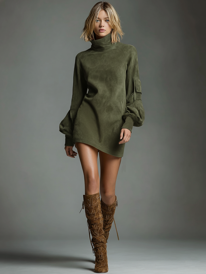 Vestido Mini de Fiesta Vintage de Suede para Mujeres con Cuello Alto y Manga Larga, Corte Suelto, Casual, Retro – Marrón