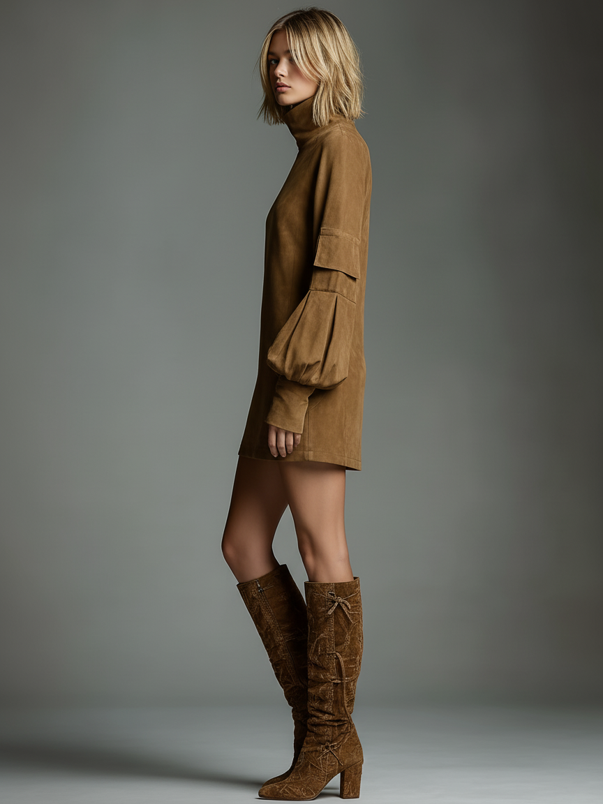Vestido Mini de Fiesta Vintage de Suede para Mujeres con Cuello Alto y Manga Larga, Corte Suelto, Casual, Retro – Marrón