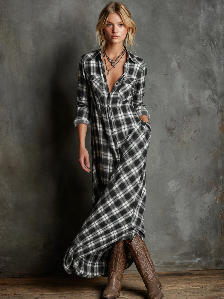 Vestido Largo de Camisa de Cuadros con Solapa para Mujer de Manga Larga - Tartán Verde