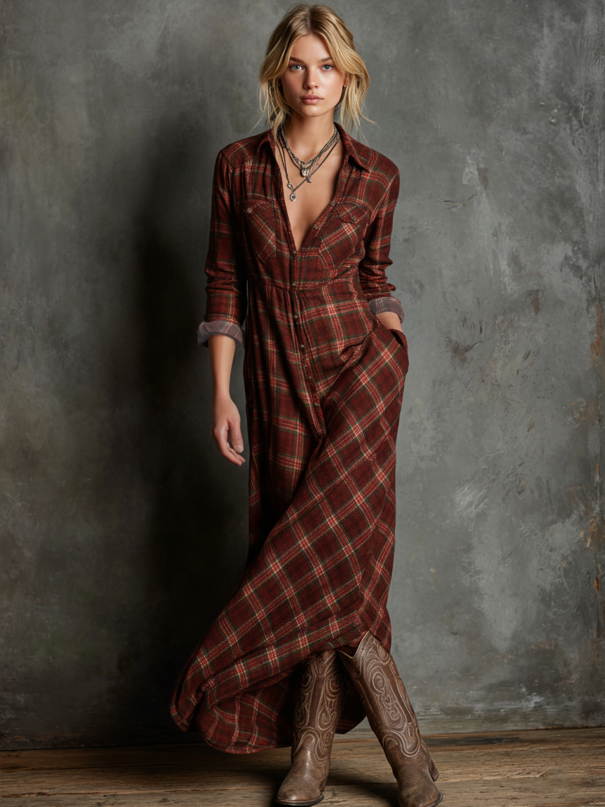 Vestido Largo de Camisa de Cuadros con Solapa para Mujer de Manga Larga - Tartán Verde