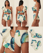 Conjunto de Bikini de Una Sola Manga y Cintura Alta con Volantes, Estampado Tropical para Vacaciones en la Playa, Resort y Verano – Verde Azul Crema