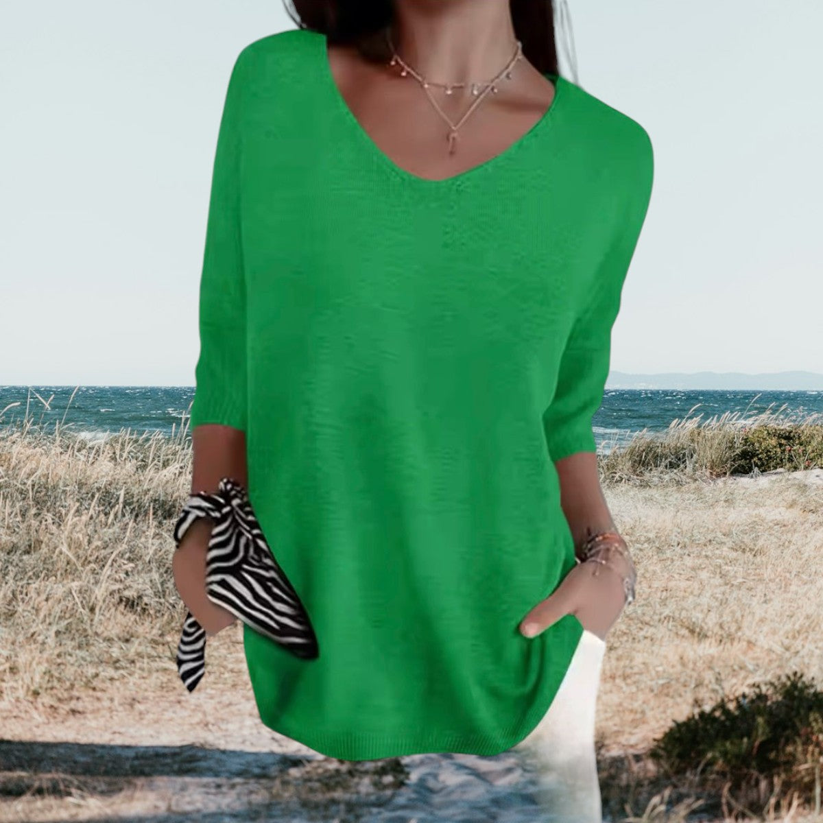 Top de Punto Ligero de Verano Para Mujer Con Escote En V, Ajuste Relajado, Casual, Cersátil y Suave – Gerda