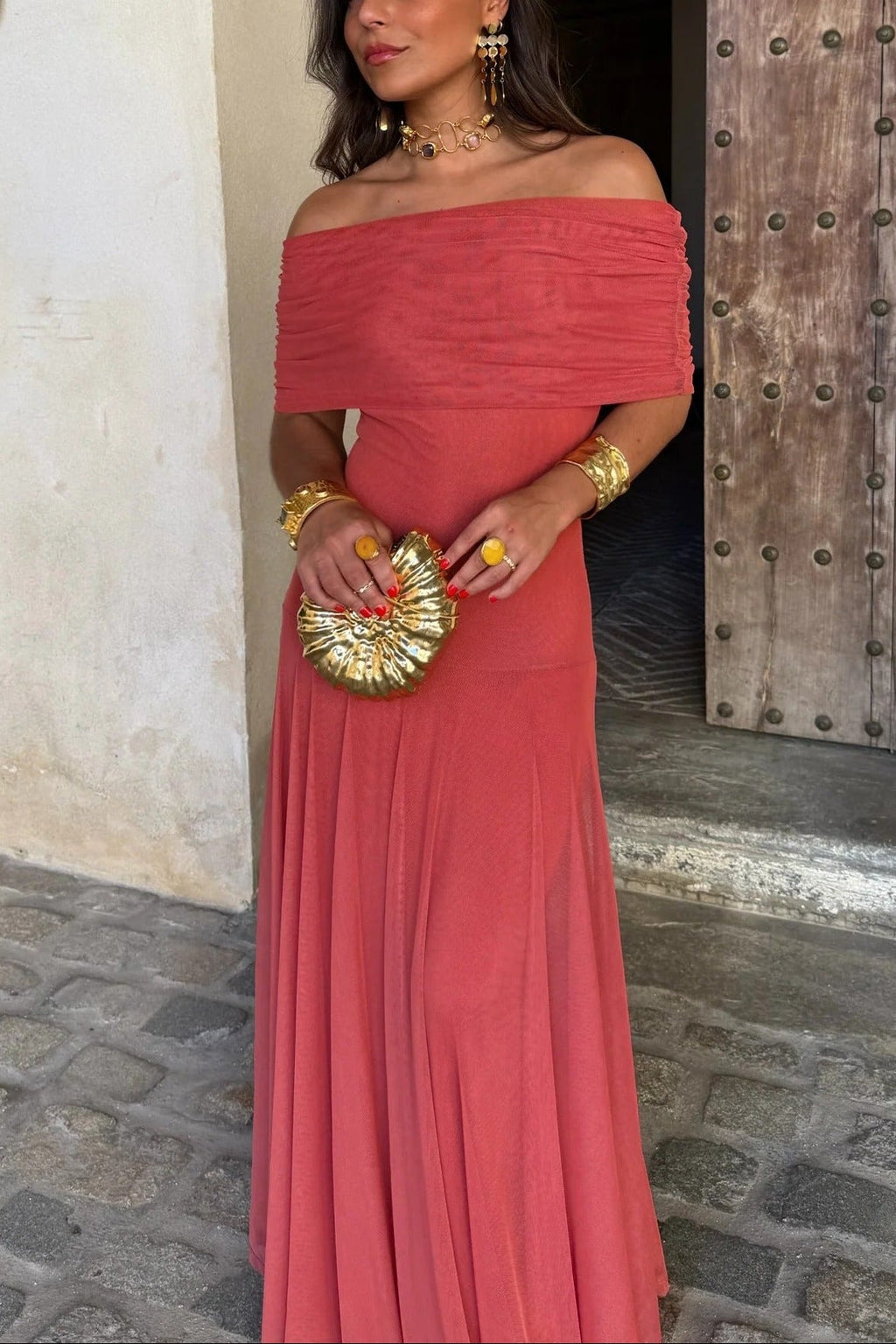 Vestido de Fiesta Formal para Invitadas de Boda - Manga Asimétrica, Cuerpo Drapado de Malla, Romántico – Brittany