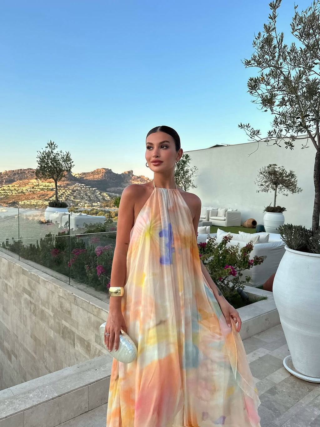 Vestido Largo de Halter Impreso para Mujeres - Invitada de Boda de Verano, Fiesta en el Jardín, Vacaciones en la Playa, Boho Formal – Corinna
