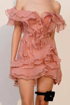 Vestido Mini Formal de Cuello en V con Volantes y Hombros Descubiertos para Mujeres – Jazlyn