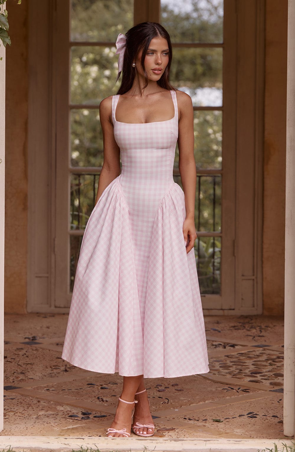 Vestido Midi de Cuello Cuadrado Sin Mangas de Gingham para Mujeres con Espalda con Cordones y Falda Voluminosa – Kaydence