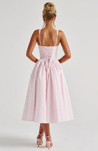 Vestido Midi de Cuello Cuadrado Sin Mangas de Gingham para Mujeres con Espalda con Cordones y Falda Voluminosa – Kaydence