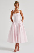 Vestido Midi de Cuello Cuadrado Sin Mangas de Gingham para Mujeres con Espalda con Cordones y Falda Voluminosa – Kaydence