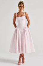 Vestido Midi de Cuello Cuadrado Sin Mangas de Gingham para Mujeres con Espalda con Cordones y Falda Voluminosa – Kaydence