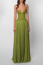 Vestido de Novia Largo para Mujer con Cuerpo de Encaje Plisado y Falda Fluida – Kenley