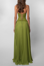Vestido de Novia Largo para Mujer con Cuerpo de Encaje Plisado y Falda Fluida – Kenley