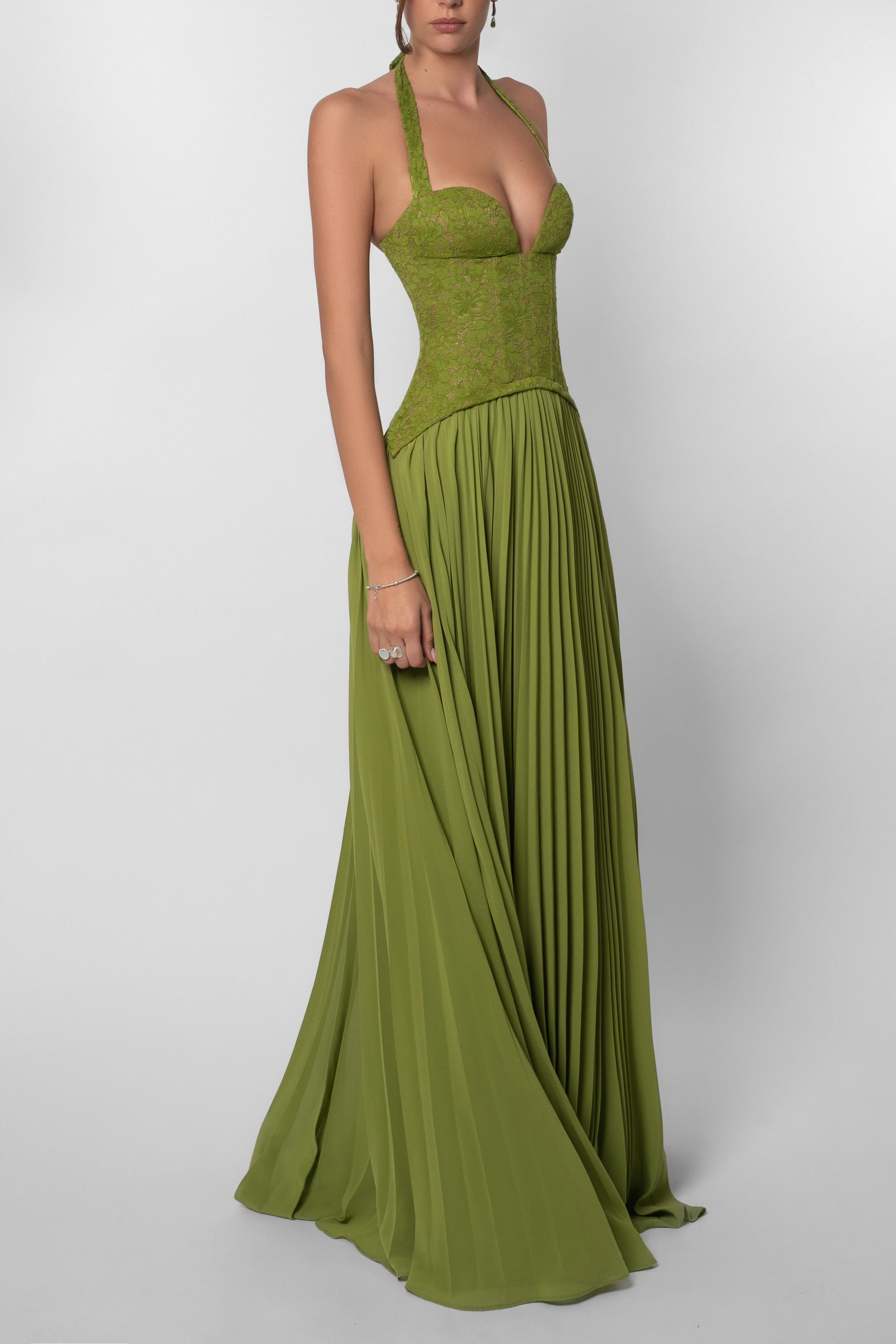 Vestido de Novia Largo para Mujer con Cuerpo de Encaje Plisado y Falda Fluida – Kenley