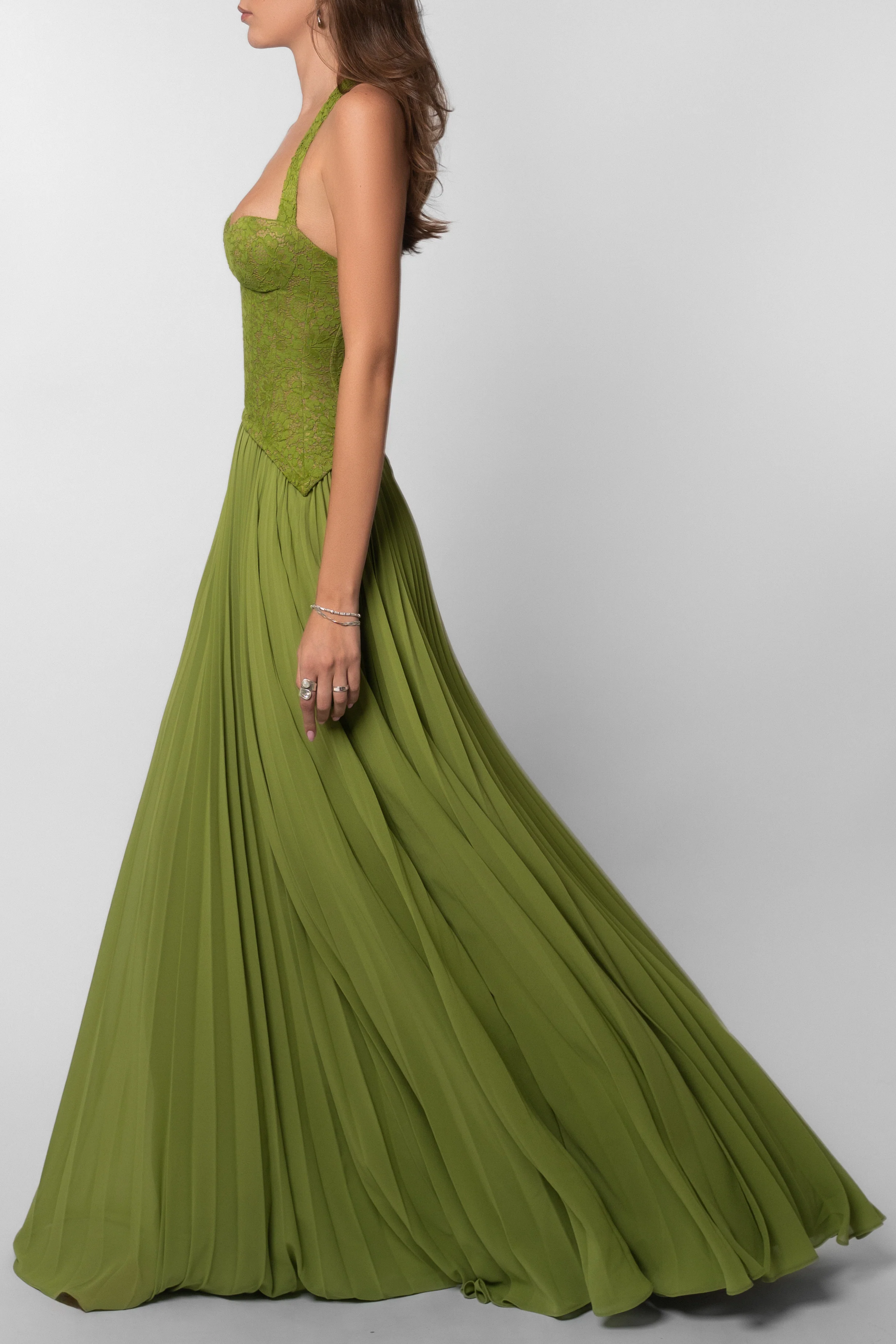 Vestido de Novia Largo para Mujer con Cuerpo de Encaje Plisado y Falda Fluida – Kenley