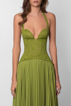 Vestido de Novia Largo para Mujer con Cuerpo de Encaje Plisado y Falda Fluida – Kenley