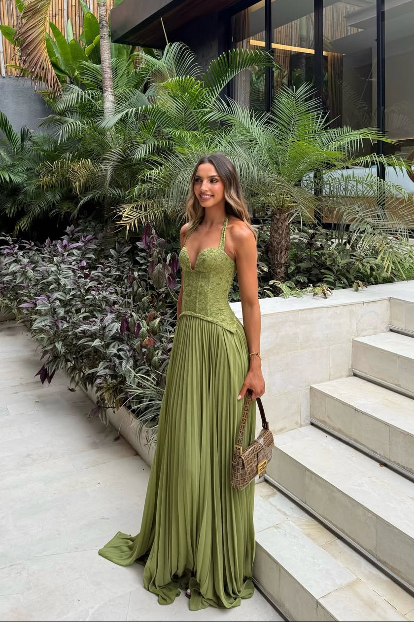 Vestido de Novia Largo para Mujer con Cuerpo de Encaje Plisado y Falda Fluida – Kenley